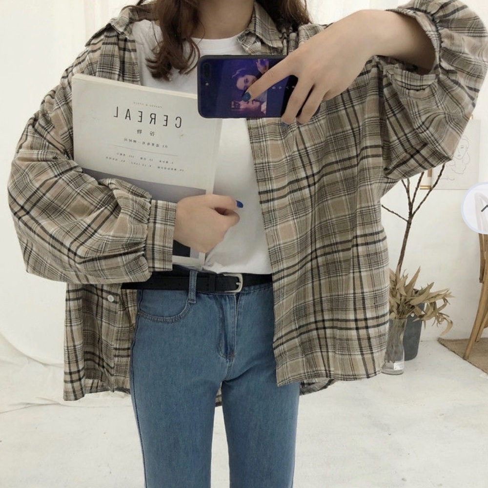 Oversized brown plaid shirt
